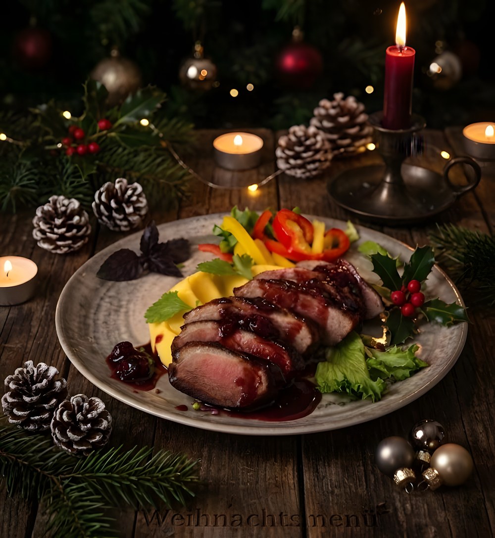 Weihnachtsmenü der Tegeler Seeterrassen: aufgeschnittene Entenbrust mit Kirschjus, Gemüse und weihnachtlicher Tischdekoration.